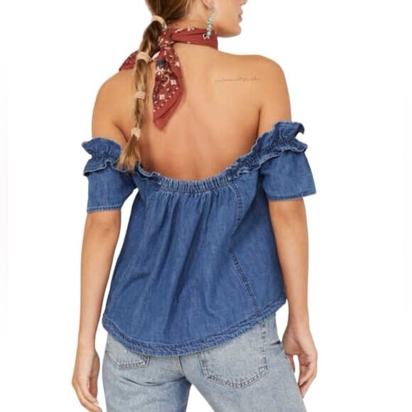 Free People Maxine Off Shoulder Cotton Denim Jean Top size XS - Picture 2 of 9
